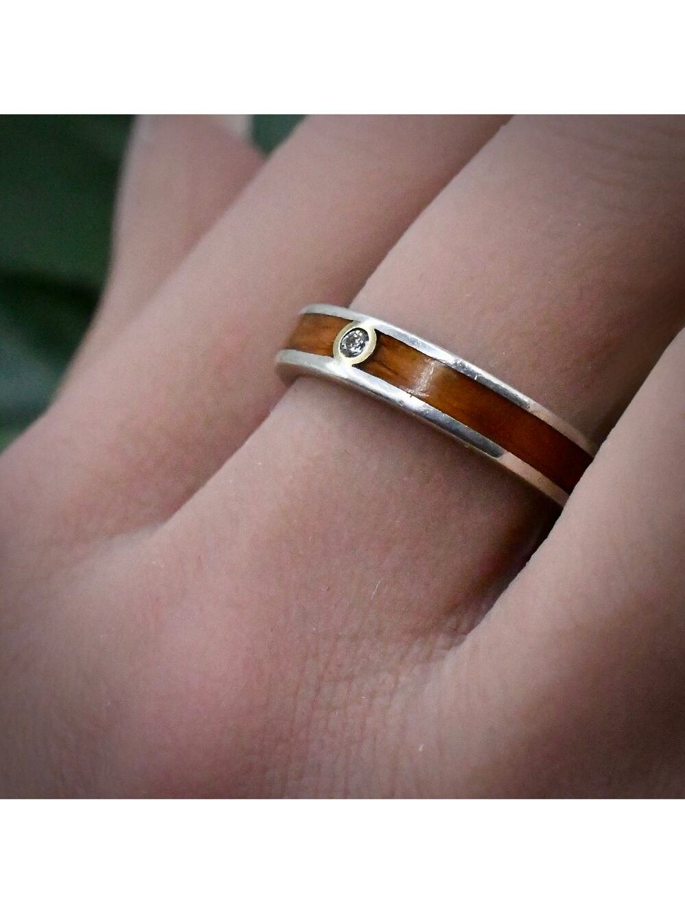 Na Hoku Koa Wood Band Sterling Silver 18k Ring With Diamond Size 7.5